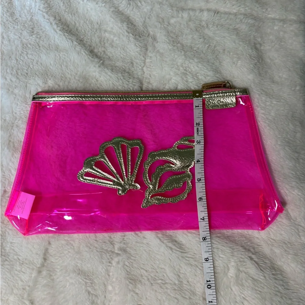 Lilly Pulitzer Neon Pink PVC Cosmetic Sheer Stadium Beach Travel Bag Gold Shells